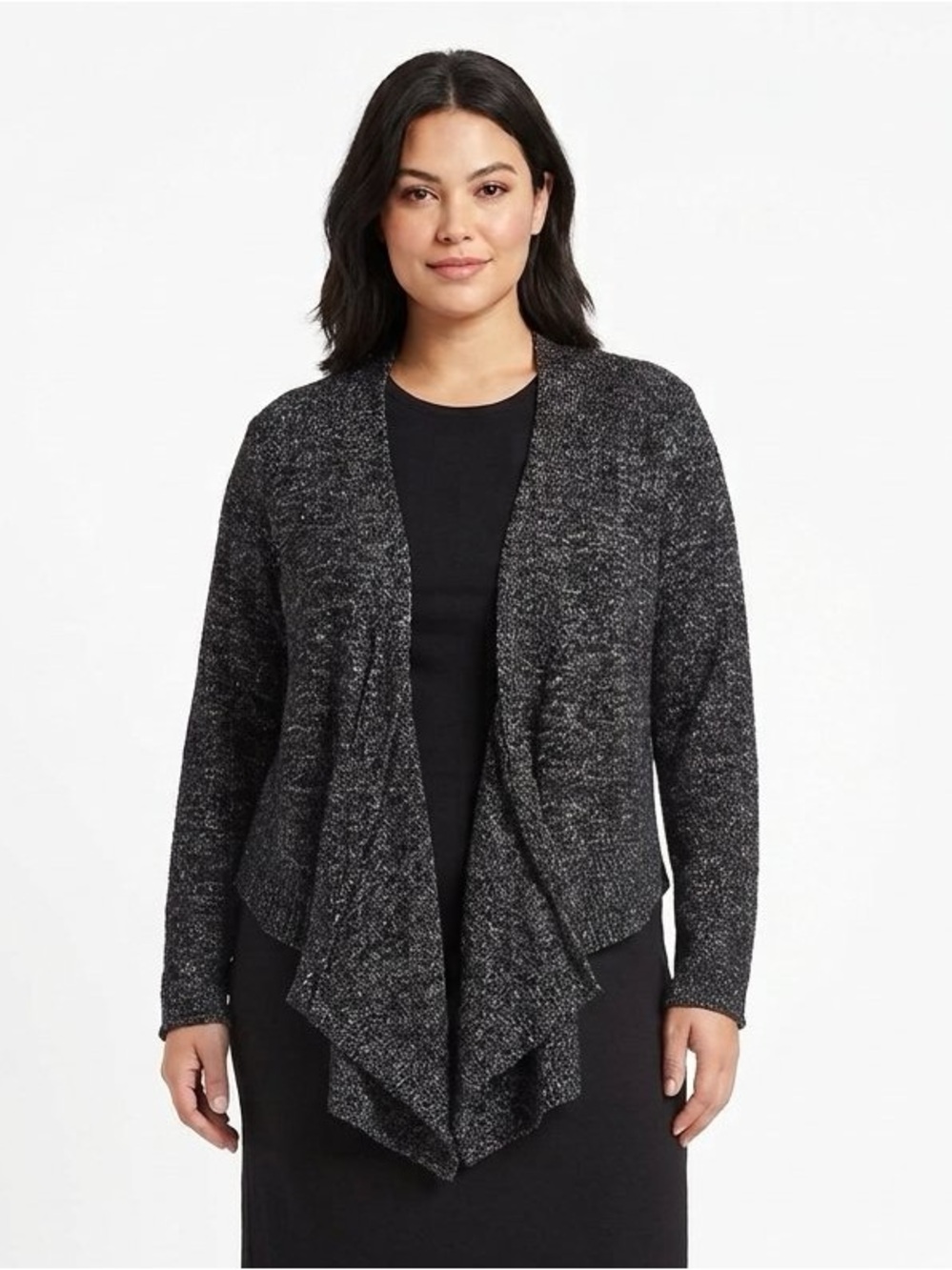 Eileen Fisher Black & Silver Marled Draped Open-Front Cardigan